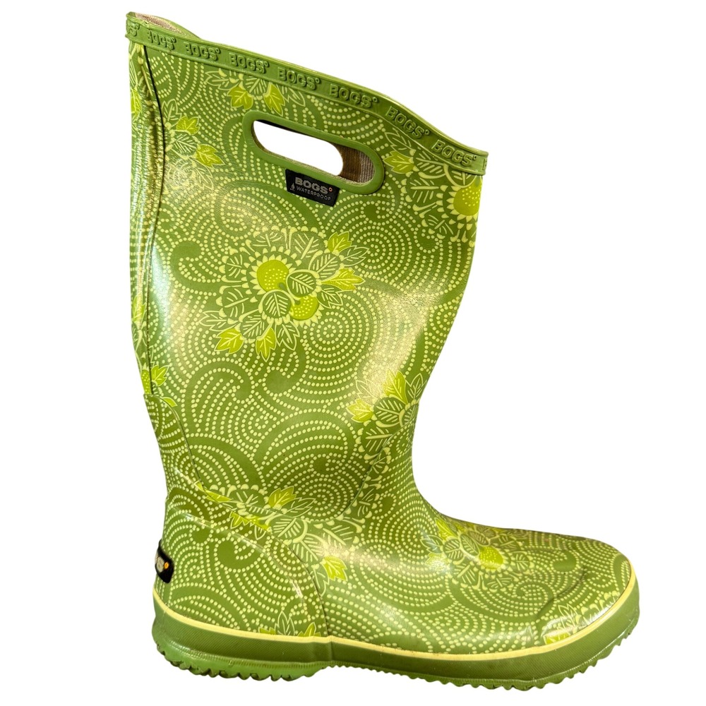 Bogs Womens Green Floral Paisley Waterproof Rain Boots Pull On Tall Rubber W11